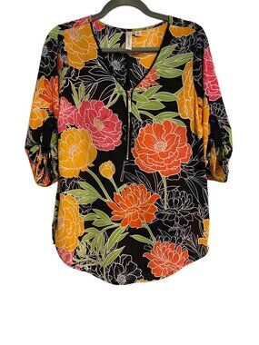 Tacera Tunic Women’s S Black Floral 3/4 Sleeve Zipper Accent Tropical Vibrant